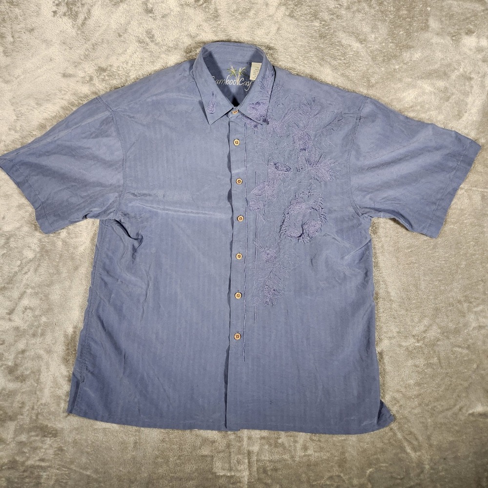Bamboo Cay Button Up Shirt Mens L Blue Excellent Embroidered Floral Short Sleeve